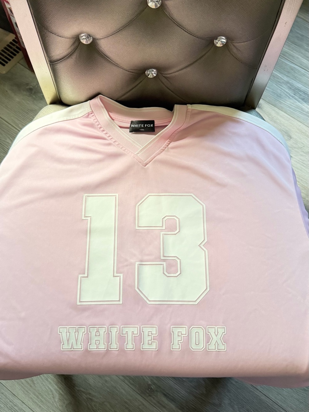 White Fox Boutique Oversized Pink and White Number 13 Jersey Top